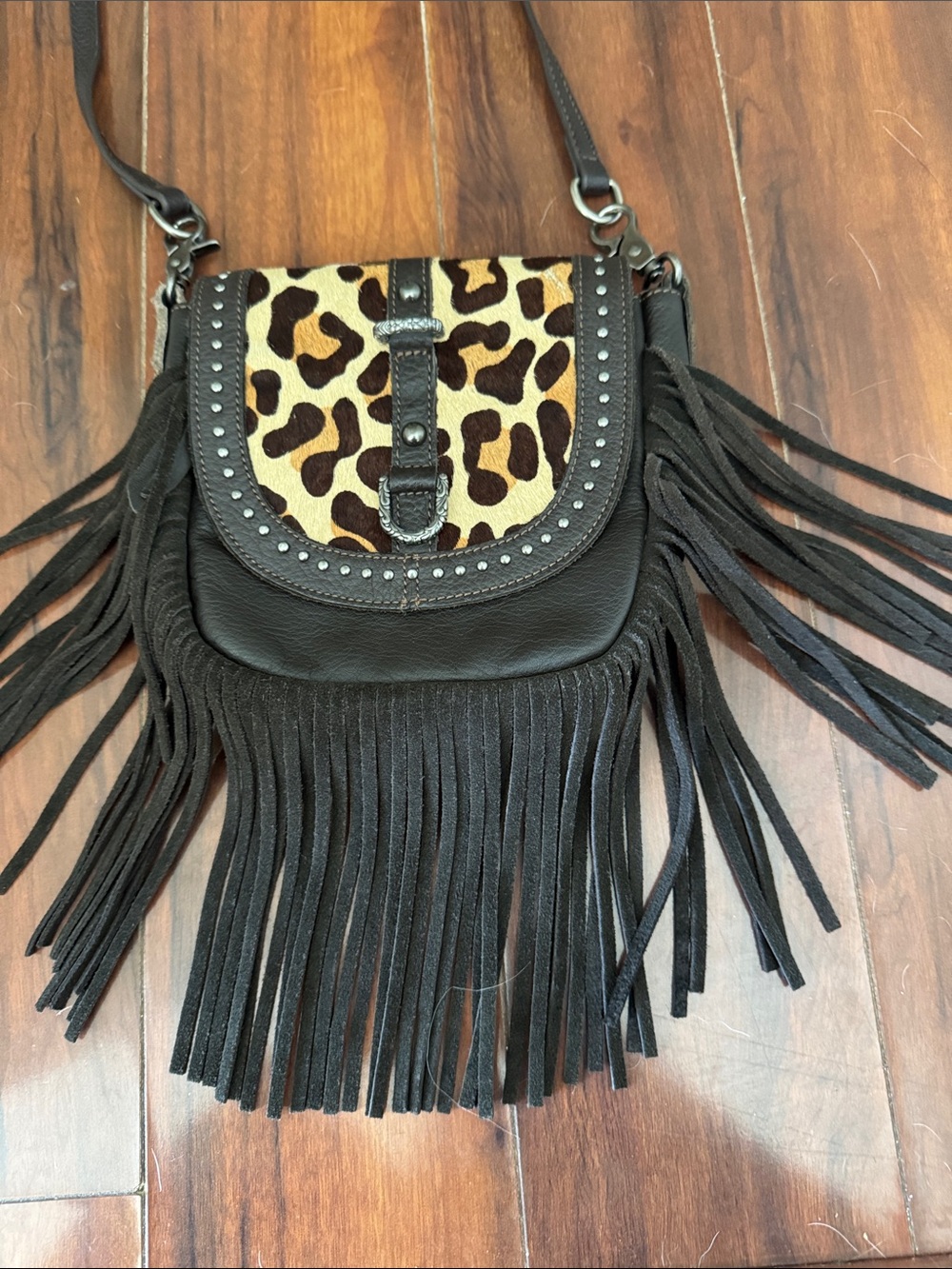 Montana West Black Fringe Crossbody with Leopard Panel